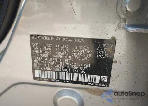 2022 Honda Hr-V Awd Ex from USA, damaged, VIN 3CZRU6H55NM758851